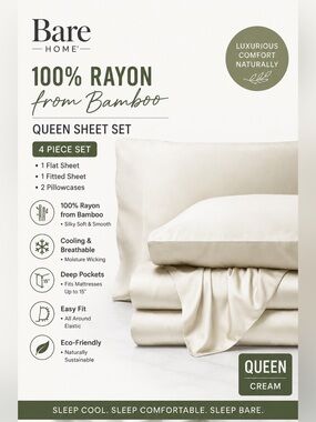 NWT Bare Home Queen Bamboo Rayon Sheet Set Cream 4 Pc Deep Pocket Cooling